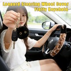 Car Steering Wheel Cover Fluffy Leopard Steering Wheel Accessories Black | Steering Wheel Covers with Cute Ears Keychain 14-15 inch Universal Elastic Steering Wheel Protector for Women Girls