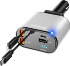 【Upgraded】 Retractable Car Charger 4 in 1, Fast Car Phone Charger with Cord 2.6ft, USB C and Apple Car Charger Adapter, Compatible with iPhone 17/16/15/15 Pro Max/14/13/12/11, Galaxy, Pixel
