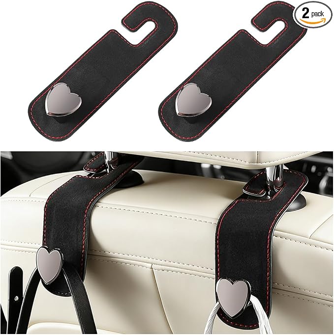 2PCS Car Seat Headrest Hook, Cute Heart Vehicle Backseat Purse Bag Hanger Organizer, Auto Seat Back Storage Holder for Groceries Coats Umbrellas, Universal for Vehicles (Black)