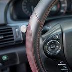 Wine Steering Wheel Cover - Dotted Comfort Polyester Grip on Stitched Synthetic Leather, Wine Stitching/Black