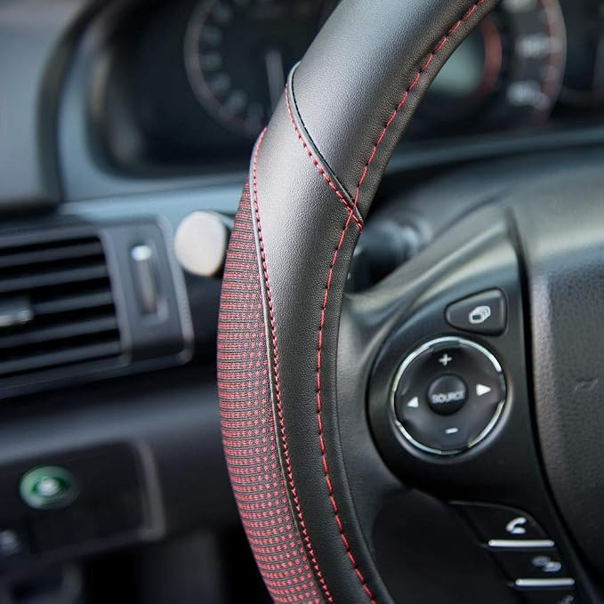 Wine Steering Wheel Cover - Dotted Comfort Polyester Grip on Stitched Synthetic Leather, Wine Stitching/Black