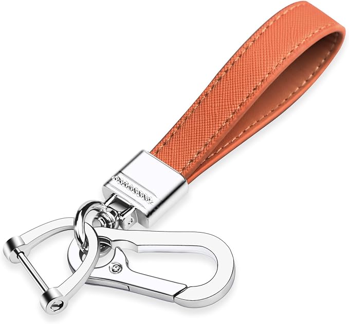 Genuine Leather Car Keychain,Universal Heavy Duty Metal Key Chain Accessories,Car Fob Key Keychain Holder with 360 Degree Rotatable Snap Swivel and Anti-Lost D-Ring for Men Women(Orange)
