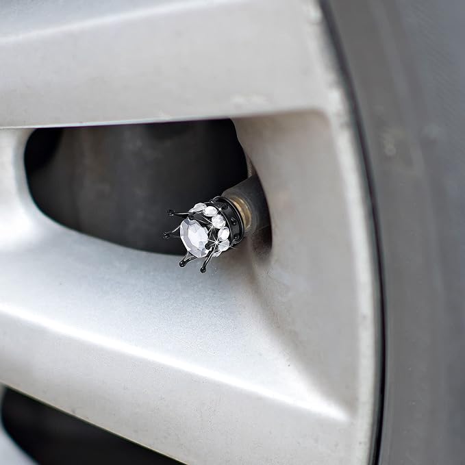 4 Pieces Crown Tire Valve Stem Caps Bling Handmade Crystal Rhinestone Universal Chrome Crown Vehicle Car Tire Caps Covers, Attractive Accessories for Car (White and Black)