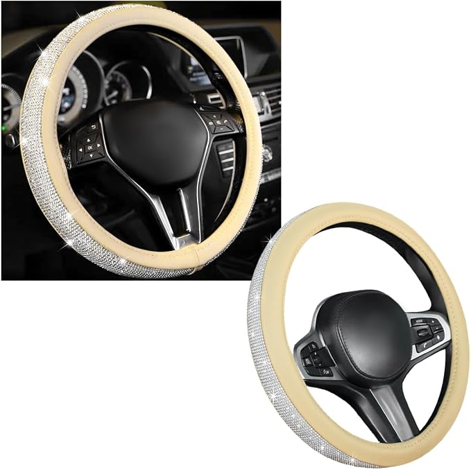 Steering Wheel Cover, Bling Crystal Rhinestones Auto Wheel Protector, Sparkly Cover Universal Fit Diverse 14.5-15 inch Steering Wheel, Interior Decor Car Accessories (White+Beige)