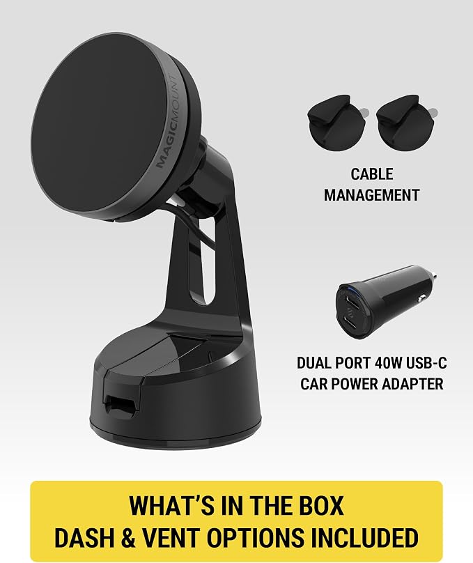Qi2 MagSafe Car Mount, 15W Wireless Charging Suction Cup Phone Mount, Magnetic Windshield/Dashboard Cell Phone Holder with Fast USB-C Car Charger Compatible with iPhone 16/15/14/13/12, S25