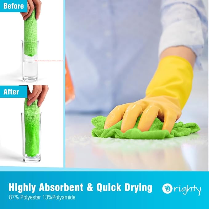 Orighty Microfiber Cleaning Cloth, 24 Pack Highly Absorbent Cleaning Supplies, Reusable Clean Rags for House, Microfiber Cloth for Kitchen, Window, Car Care, 11.5x11.5 inch Green