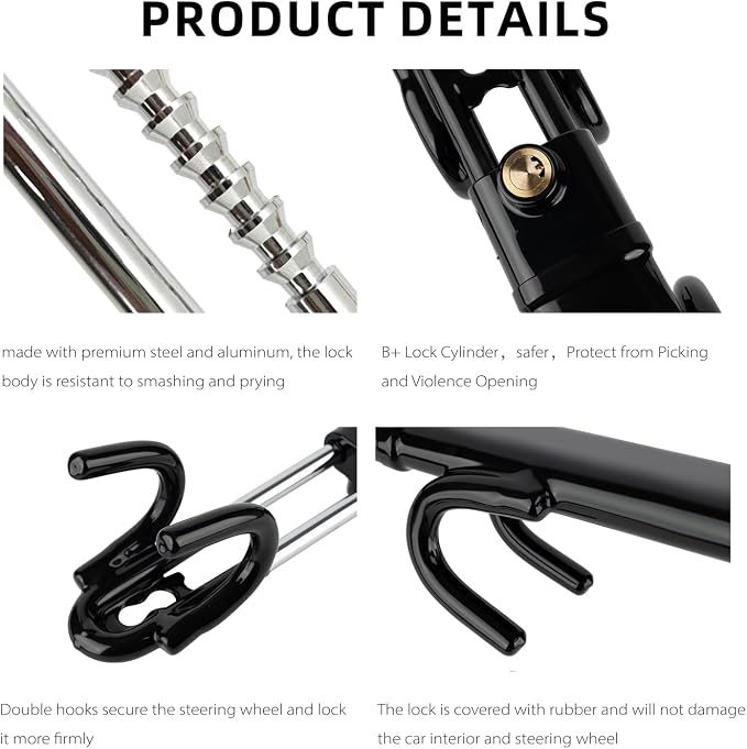 Steering Wheel Lock for car Universal Adjustable Length Anti-Theft Device Car Locks Double Hook Locks for Car SUV Pickup Truck Van(Black)