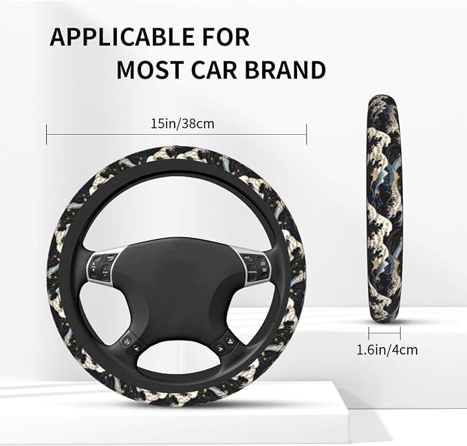 Japanese Wave Black Steering Wheel Cover Car Accessories Cute for Women Girls Girly Universal 15 Inch Neoprene Auto Interior Decor Anti Slip Car Truck Protector