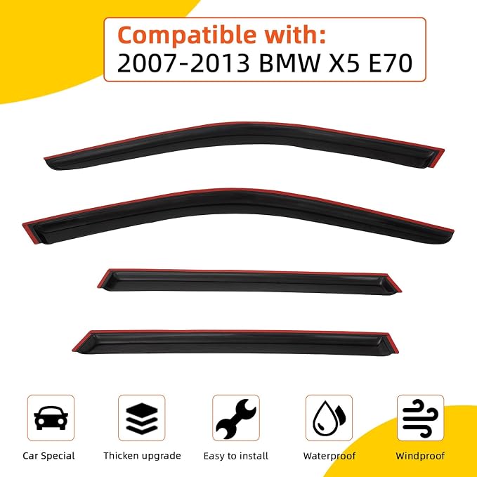 Rain Guards Compatible with 2007-2013 BMW X5 E70 Tape-On 4-Door Side Window Visor Wind Deflector Vent Visors Car Accessories