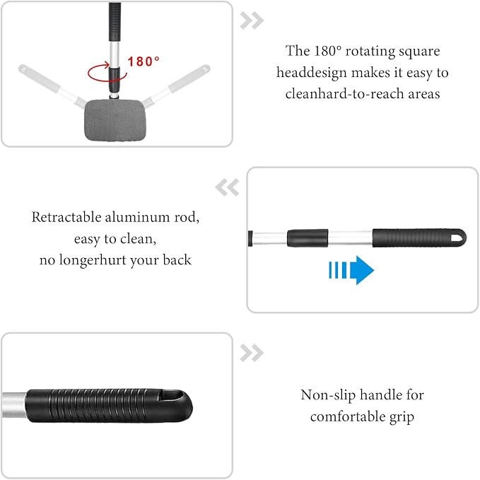 Car Windshield Cleaner Tool, Detachable Car Window Cleaner with Aluminum Extendable Handle & 2 Reusable Cloth Pads, Washable Vehicle Windshield Cleaning Wand for Exterior (Gray)