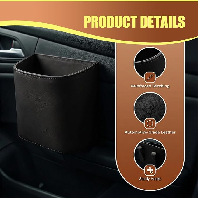 Leather Car Trash Can, Clip on Small Car Garbage Can, Waterproof Leakproof Back Seat Trash Bin, Multifunctional Vehicle Storage Organizer for Trucks, SUVs (Black)