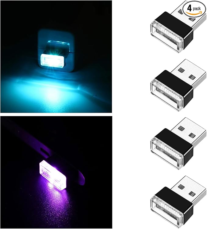 4 PCS USB LED Car Interior Atmosphere Lamp, Portable Mini LED Night Light, Plug-in USB Interface Trunk Ambient Lighting Kit, Universal Interior Accessories (Ice Blue+Purple)
