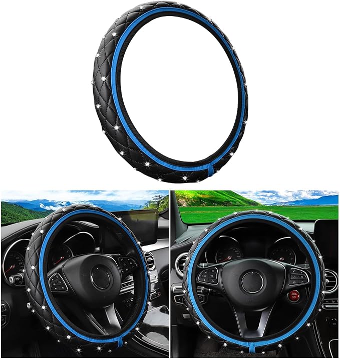 Bling Car Steering Wheel Cover, Non-Slip Elastic Stretch Leather Auto Steering Wheel Protector, Sparkling Diamond Vehicle Decor Accessories for Women Girls, Universal for Vehicles (Blue)
