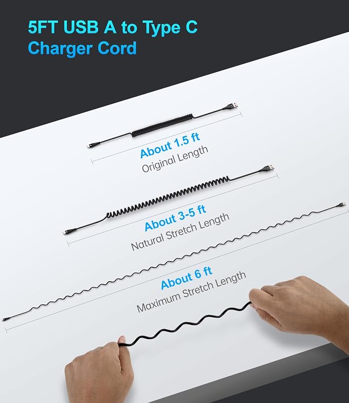 Coiled USB C Cable Fast Charging for Car 3FT/5FT, USB A to USB C Cable, Type C Charge Cord USB-C Charging Cable Compatible with iPhone 17/16/15/Samsung Galaxy S20 and More USB C Devices-Black