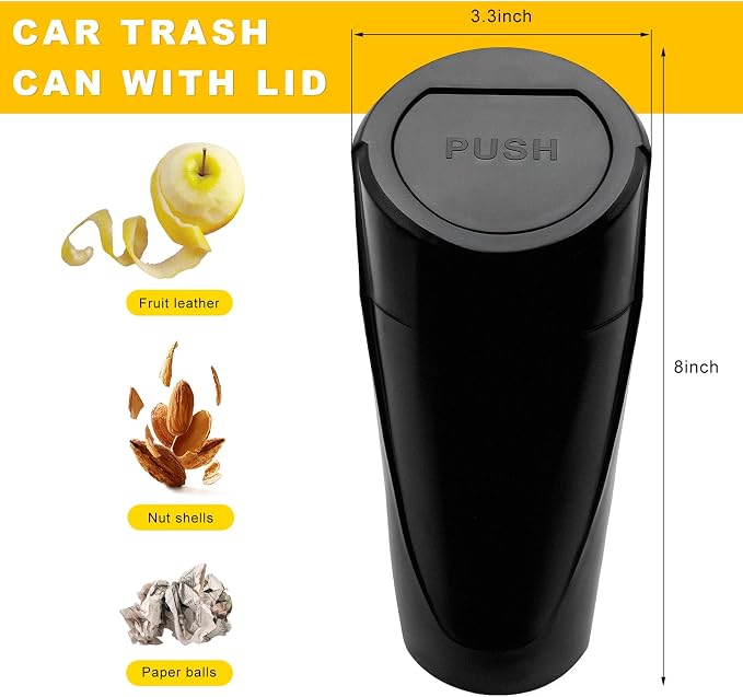 Car Trash Can Bin with Lid, Leakproof Portable Garbage Trash Bin Mini Cup Holder Organizer, Automotive Interior Dustbin Multipurpose Storage Container for Car Home Office (Black)