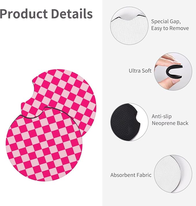 Chessboard Pink 3Pcs car Set :Steering Wheel Cover 15" +2 Racing Coasters | Anti-Slip Breathable Neoprene, Universal 15" Fit, Racing Flag Style, Car Interior Decor, Cute for Men Women, Pink Chessboard
