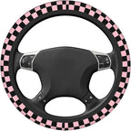 Pink and Black Checkered Steering Wheel Cover for Women, Universal Auto Steering Wheel 14-15 Inch Car Interior Accessories with 2PCS Car Coasters, Suitable for Men and Women