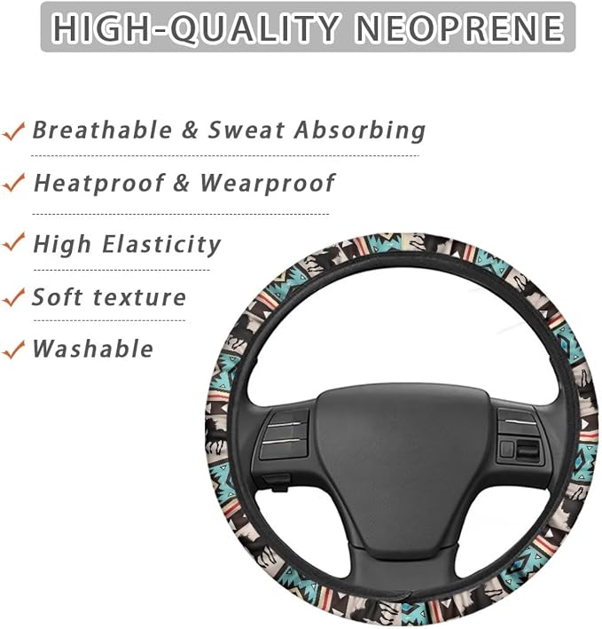 Aztec Horse Blue Car Steering Wheel Cover Universal 15 Inch Steering Wheel Wrap Anti-Slip Soft Elastic Decorative Auto Accessories All Weather Protection