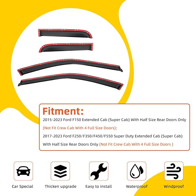 4X Smoke Tint Sun/Rain Guard Outside Mount Tape-On Vent Window Visors Compatible with 15-23 Ford F150 17-23 F250/F350/F450/F550 Super Duty Extended (Super) Cab with Half Size Rear Doors