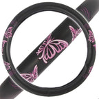 Design Comfort Grip Steering Wheel Cover for Car SUV Van and Truck, 15 inch Standard Size, Pink Butterflies