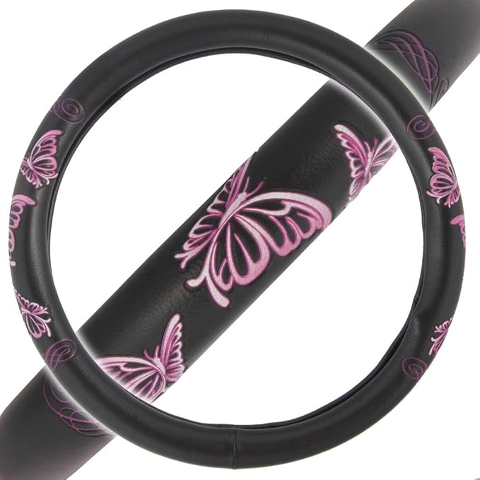 Design Comfort Grip Steering Wheel Cover for Car SUV Van and Truck, 15 inch Standard Size, Pink Butterflies