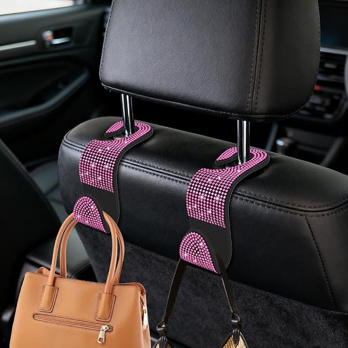 4PCS Bling Car Seat Headrest Hooks, Purse Holder for Car, Vehicle Back Seat Purse Handbag Hanging Holder with Crystal Rhinestone, Diamond Car Rear Seat Organizer for Vehicles (Pink/Black)