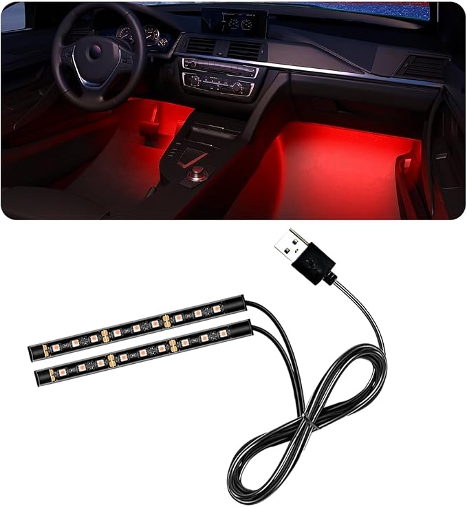 Car LED Strip Light, 24 LED RGB Auto Under Dash Interior Atmosphere Lights, USB Vehicle Decorative Lamp Ambient Night Light Strip, Lighting Kit Car Accessories (Red)