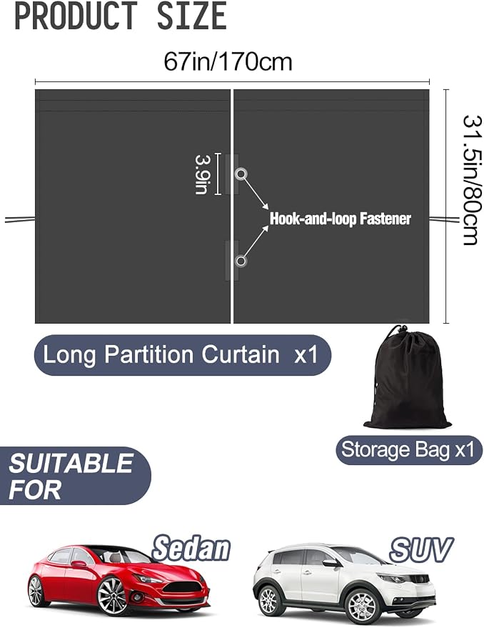 Car Divider Curtain - Wide Car Privacy Blackout Shades with Storage Bag for Baby Nap, Removable Sedan SUV Van Sunshade Covers Screen for Car Camping Sleeping Accessories