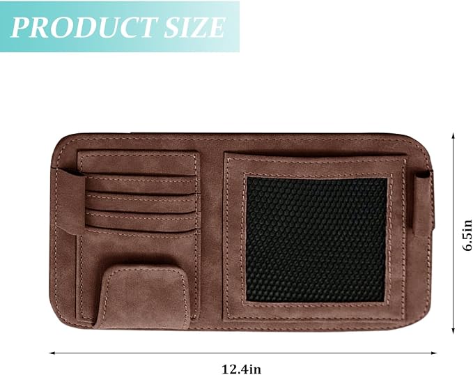 Car Sun Visor Organizer, Multi-Pocket Vehicle Sun Visor Storage Pouch with Sunglasses Clip, Auto Interior Sunshade Eyeglasses Card Holder Organizers, Universal for SUV Sedan Truck (Brown)