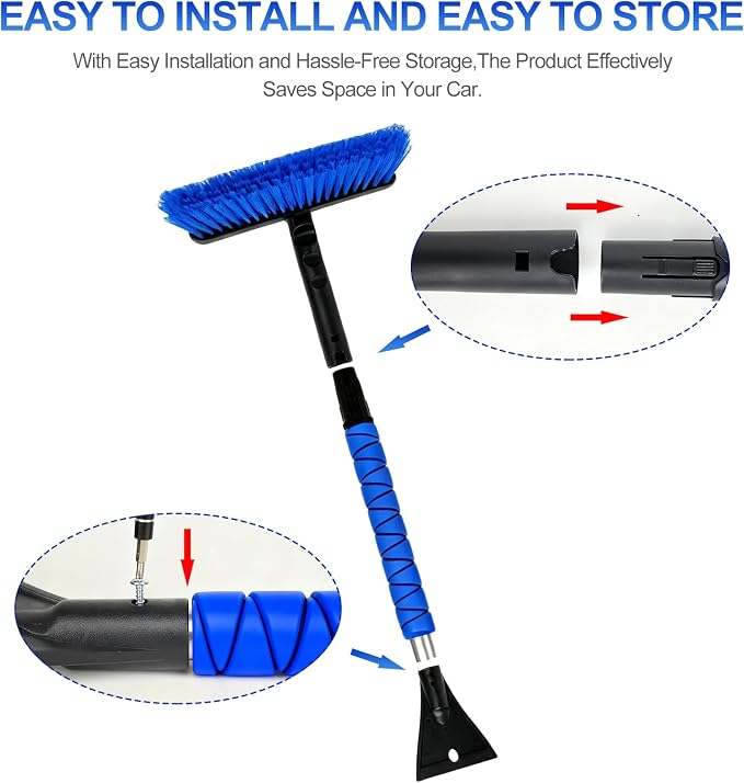 26" Snow Brush & Ice Scraper for Car Windshield and Window | 2 - in - 1 Winter Tool with Premium Bristles for Cars/SUVs/Trucks — Rotating Head, Heavy - Duty ABS | Ergonomic Foam Grip (FrostHug Blue)