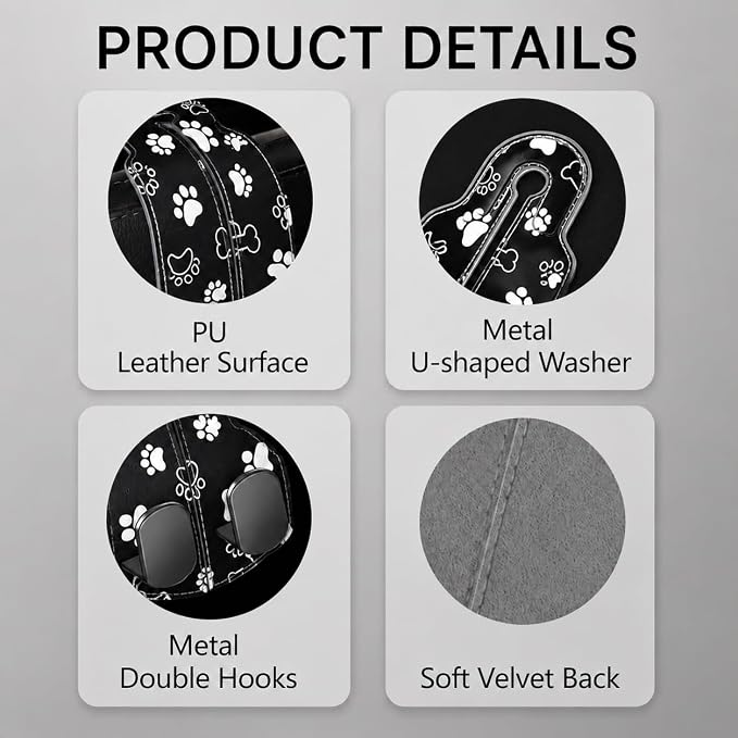 Cute Black Paw Car Seat Back Storage Headrest Hooks for Purses & Bags – 2PCS PU Leather Dual Metal Hooks, Backseat Organizer Accessories
