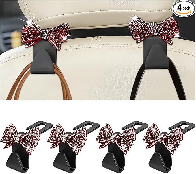 Zpana Bling Car Headreat Hook, 2PCS Crystal Rhinestone Cute Bow Vehicle Seat Back Hanger Storage for Purses Bags Grocery, Diamond Auto Rear Seat Organizer, Universal for SUV Truck Sedan (Red)