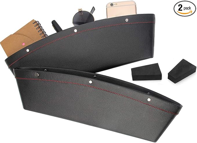 2 Set Car Seat Gap Organizer, Car Seat Gap Filler, PU Full Leather Car Seat Crevice Storage Box Universal Fit in Between Car Seat Catcher for Phone Keys Cards Pens Coins(Black)