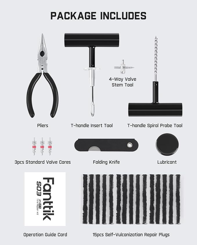 Fanttik Tire Repair Kit-24pcs Heavy Duty Tire Plug Kit, Fix Punctures and Plug Flats Patch, Universal Tire Repair Tools for Autos, Cars, Motorcycles, Trucks, ARBs, ATVs, Tractors, RVs, SUVs, Trailers