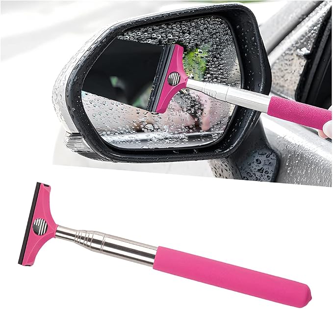 Car Rearview Mirror Wiper, American Flag Telescopic Auto Mirror Squeegee Cleaner, Glass Mist Cleaning Tool with Retractable 98cm Handle, Portable Car Windows Water Removal (Pink/Black Flag)