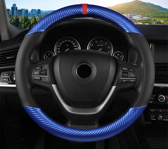 Carbon Fiber Steering Wheel Cover, Universal 15 Inch for Men Women, Breathable Microfiber Leather, Anti-Slip Inner Lining, Sporty Design, Cool in Summer Warm in Winter (Carbon Fiber Blue)