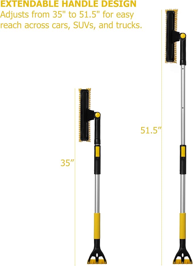 35–51" Extendable Snow Brush, Ice Scraper & Squeegee with Aluminum Handle, Non-Slip Foam Grip, Scratch-Free Bristles, 3-in-1 Winter Car Tool for Cars, SUVs & Trucks, Yellow