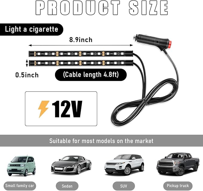 Wevdn Car Interior LED Strip Light, 12V 24 LED Neon Ambient Night Light with Cigarette Lighter Plug, Automotive Atmosphere Decorative Under Dash Lighting Kit, Car Accessories (Red)