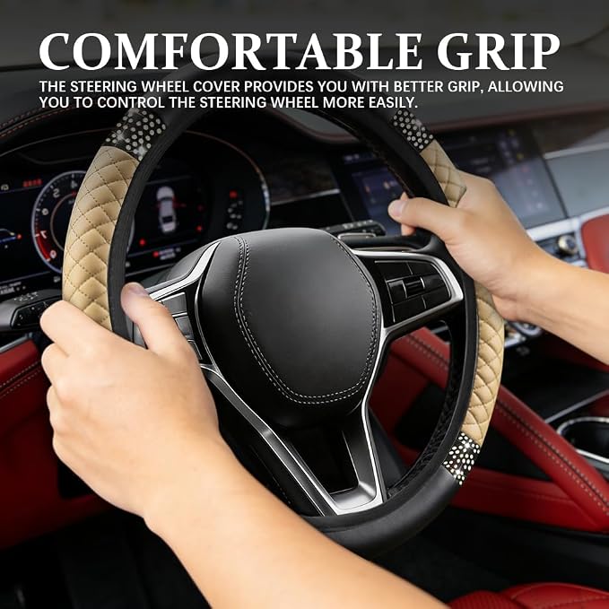Bling Soft Leather Steering Wheel Cover, Steering Wheel Protector, 15 Inch Rhinestones Car Elastic Protector with Crystal Diamond for Women Girls, Car Accessory for Vehicles (Beige)