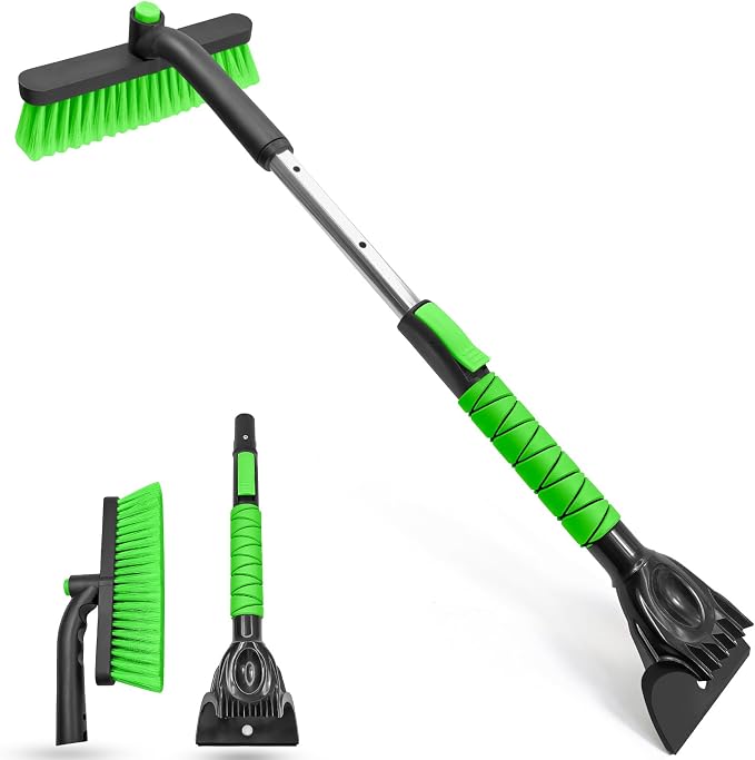 33 Inch Ice Scraper with Snow Brush for Car Windshield, Extendable Snow Scraper and Brush with Foam Grip for Truck SUV Vehicle Window - Green