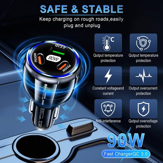 Car Charger Adapter, 3 Port USB-C & USB-A 90W Fast Charger, Car Interior Accessories, Essential Travel Gifts for Men and Women, Fit for iPhone 17/16/15/14/13Pro Max, Samsung, Android (Black 1pc)