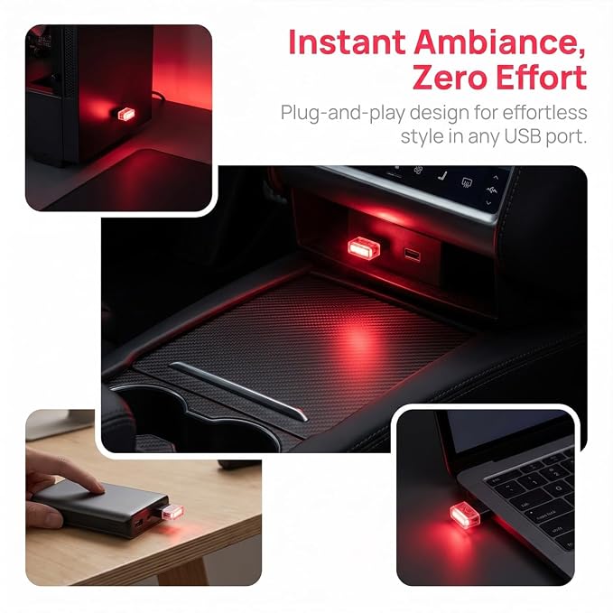 2PCS USB LED Car Interior Atmosphere Lamp, Portable Mini, Red | 5V USB-A plug-in, soft accent glow, no wiring, decor night light, car accessories for cars, SUVs, trucks