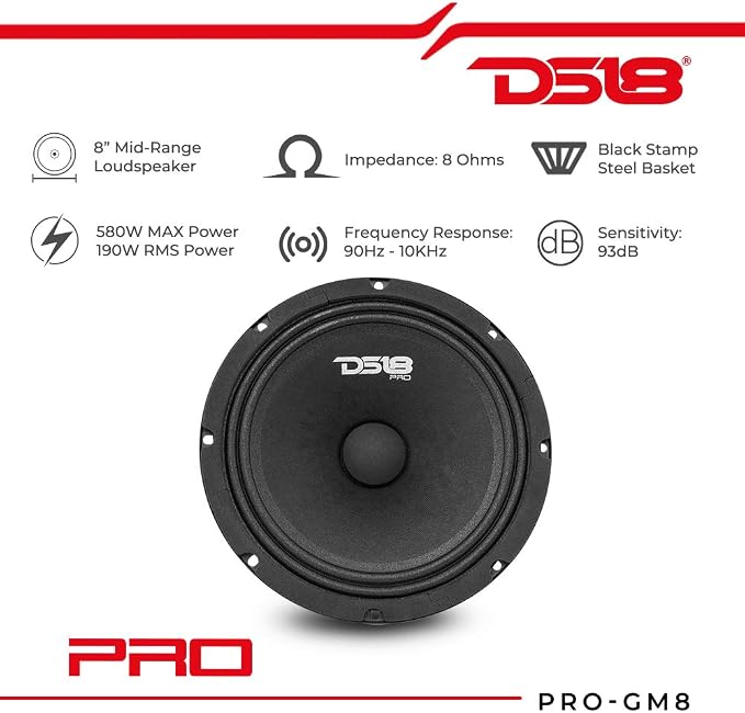 PRO-GM8 Loudspeaker - 8", Midrange, Black Steel Basket, 580W Max, 190W RMS, 8 Ohms - Premium Quality Audio Door Speakers for Car or Truck Stereo Sound System (1 Speaker)