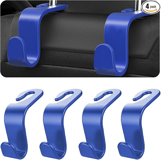 Car Back Seat Headrest Hooks, 4PCS Vehicle Backseat Storage Organizer Hanger, Multifunctional Auto Headrest Hidden Hook Universal for Handbag Purse Backpacks Bags and Groceries (Blue)
