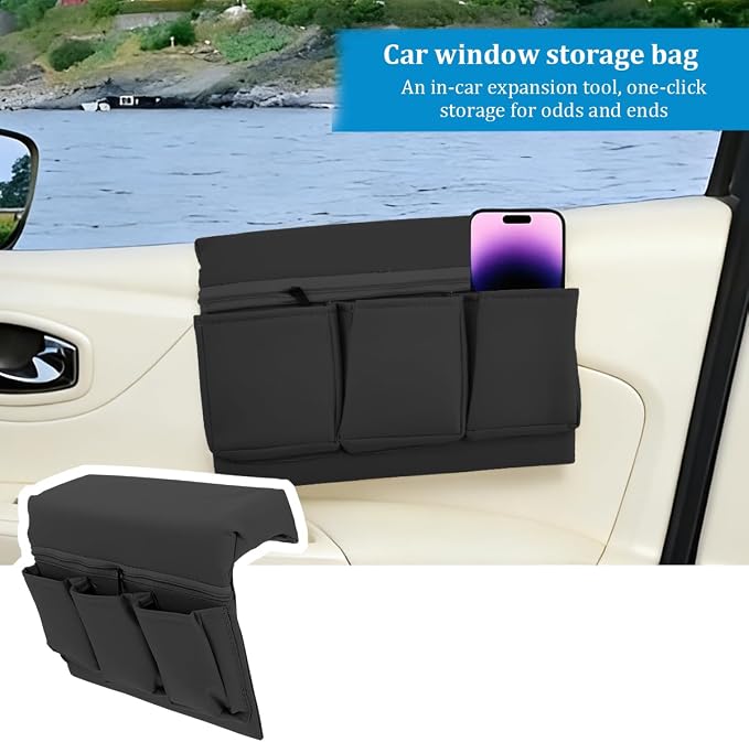 Car Window Armrest Storage Box, Multifunctional Leather Door Side Organizer with Pockets, Comfortable Automotive Interior Arm Elbow Rest Pad Storage Bag, Universal for Vehicles (Black)