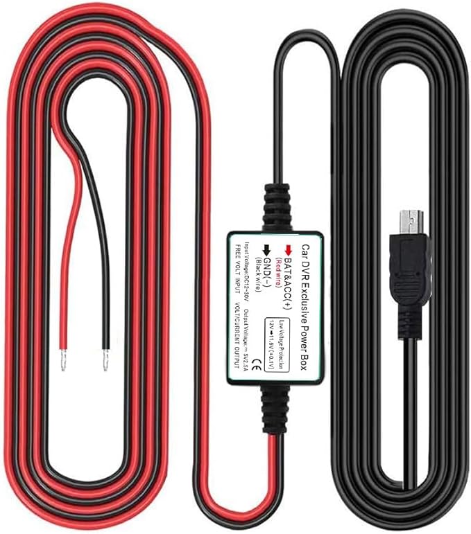 Dash Cam Hardwire Kit, Mini USB Port, DC 12V - 24V to 5V/2.5A Max Car Charger Cable kit with Fuse, Low Voltage Protection for Dash Cam Cameras