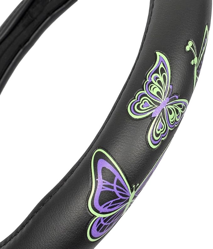 GripGrab Comfort Grip - Purple & Green Butterflies on Black Synthetic Leather Steering Wheel Cover 15 inch