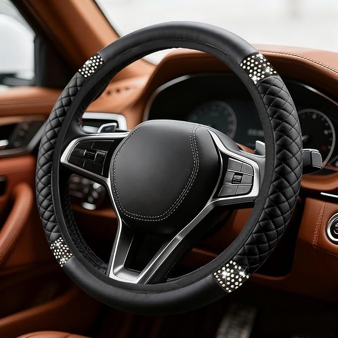 Bling Soft Leather Steering Wheel Cover, Steering Wheel Protector, 15 Inch Rhinestones Car Elastic Protector with Crystal Diamond for Women Girls, Car Accessory for Vehicles (Black)