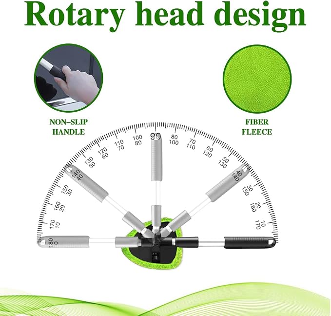 Windshield Cleaning Tool, Car Window Cleaner with Extendable Long Handle and 4 Washable Reusable Microfiber Pads, Auto Interior Exterior Auto Glass Wiper for Windshield, Universal for Cars (Green)