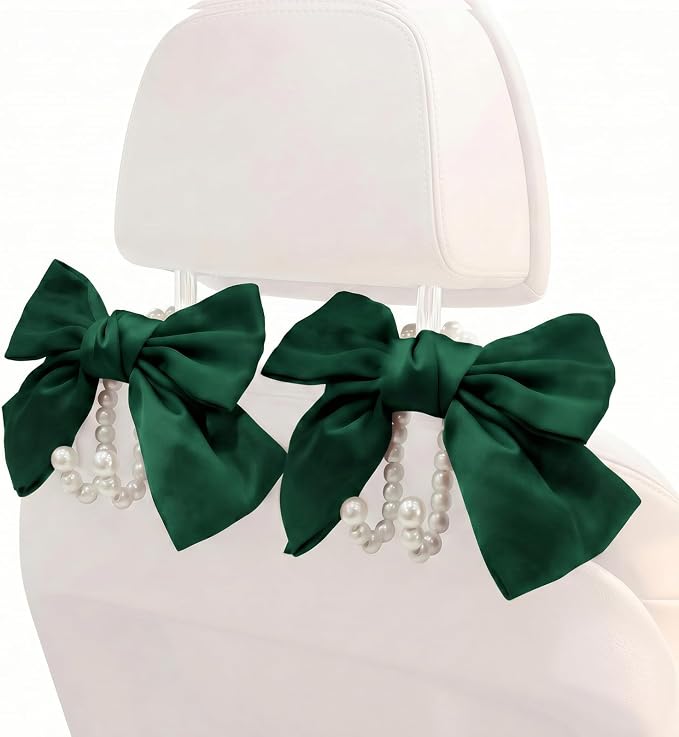 2PCS Satin Bow Pearl Car Seat Headrest Hooks – Car Bag Holder & Vehicle Hanger for Purses – Cute Coquette Aesthetic Interior Decoration – Cute Auto Organizer Accessories Universal (Galactic Green)